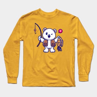 Cute Polar Bear Fishing With Fishing Rod And Fish Cartoon Long Sleeve T-Shirt